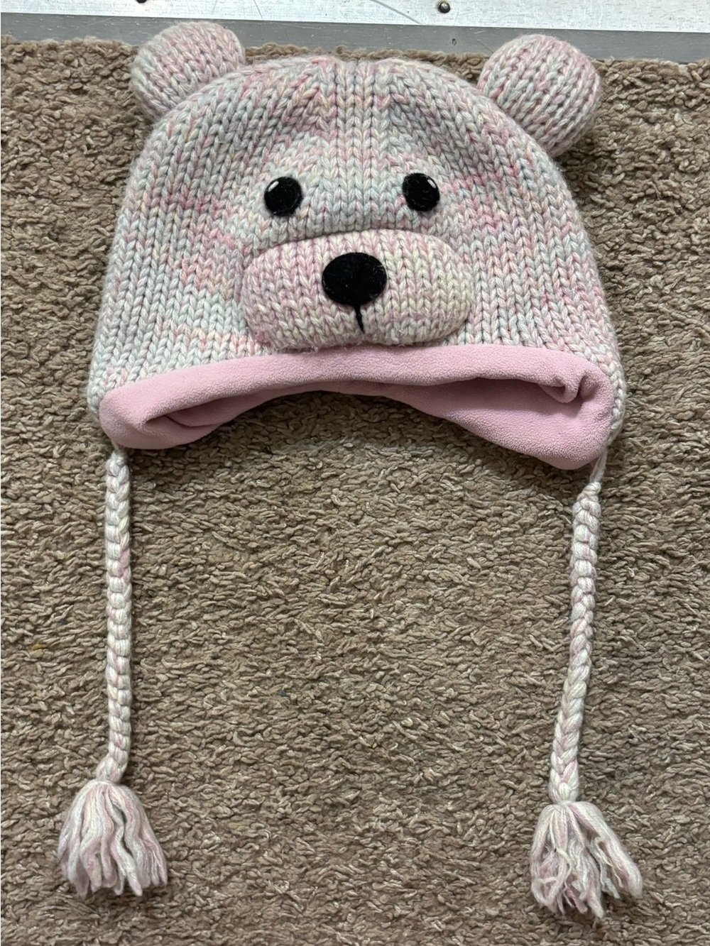 Girls Bear Knit Earflap Hat - Pink & Cream Excellent Condition Braided Ropes